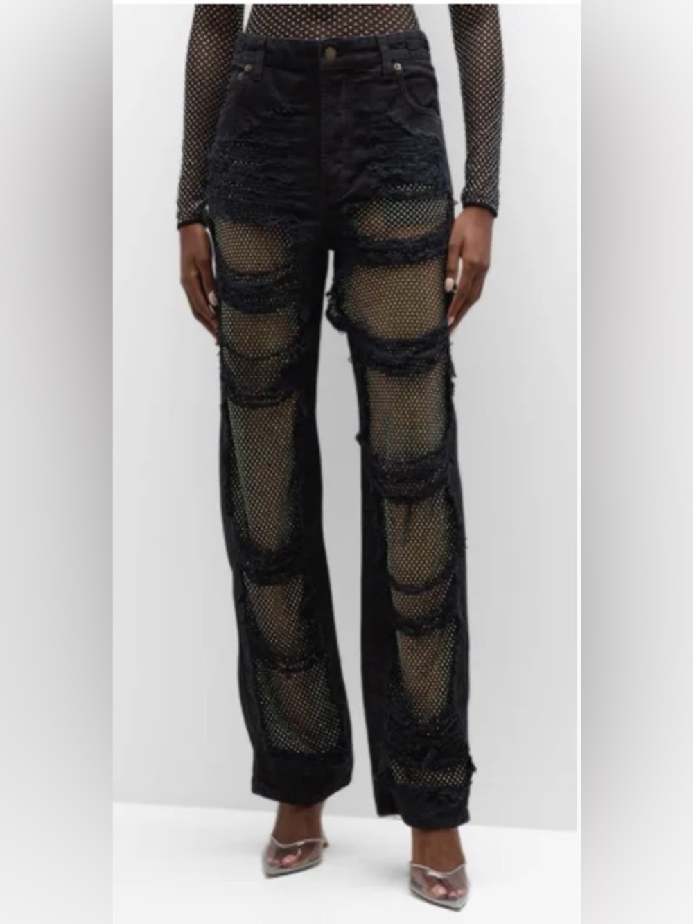 Darkpark Crystal Fishnet Distressed Jeans Black Straight Leg NWT